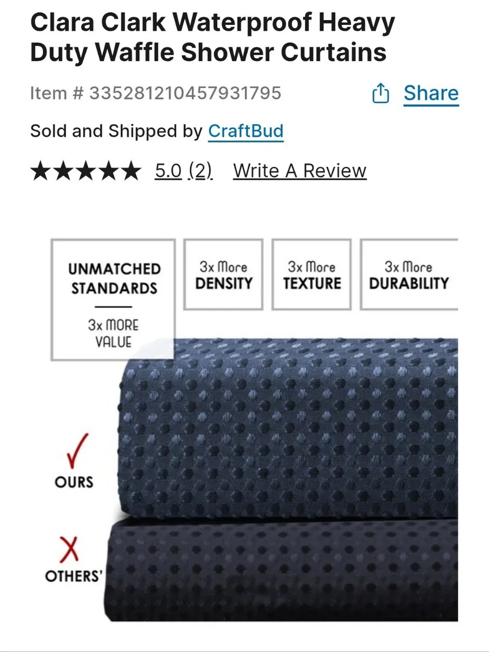 Clara Clark Waterproof Heavy Duty Waffle Shower Curtain Royal Navy Blue 72